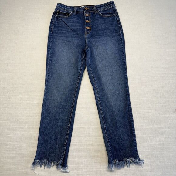 KanCan Denim - KanCan High-Rise Button Fly Frayed Hem Stretch Straight Blue Denim Women's Jeans